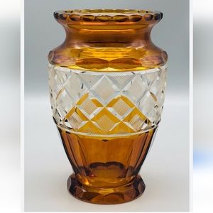 Antique Moser? Hoffman Amber Cut to Clear Glass Vase Panels Quilted Diam…
